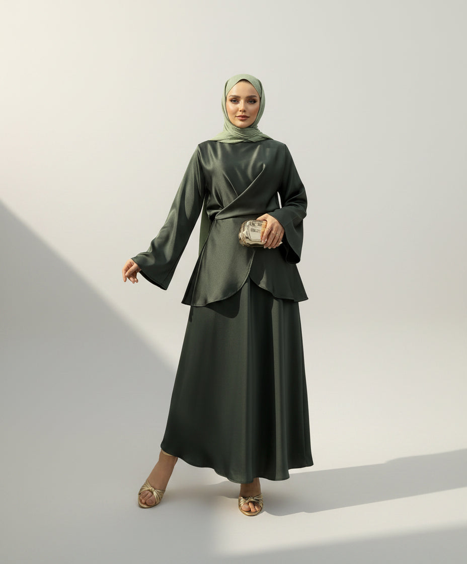 Elegant Olive Satin Skirt Set