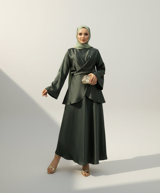 Elegant Olive Satin Skirt Set