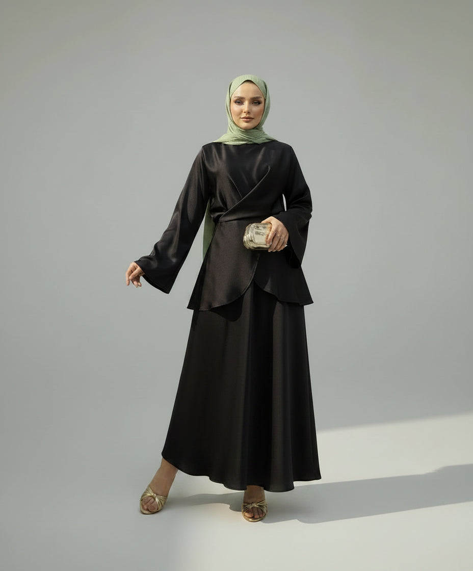 Timeless Black Satin Skirt Set