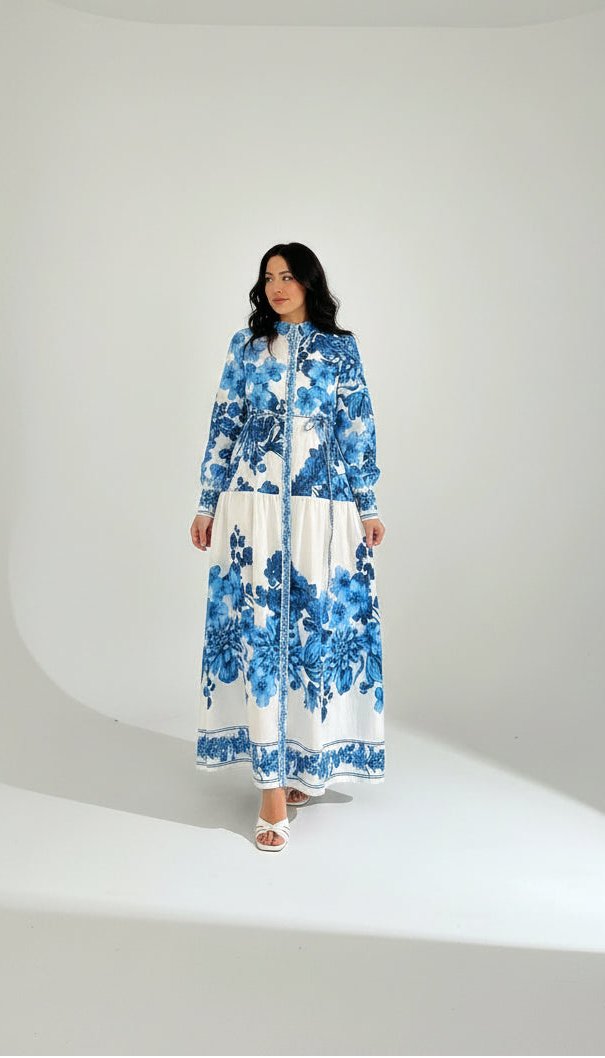 Blue Floral Linen Dress