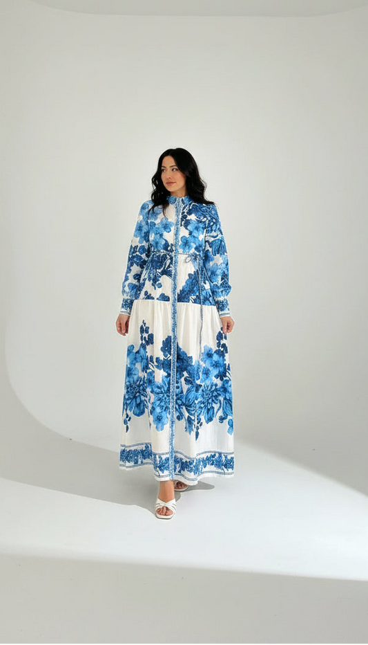 Blue Floral Linen Dress