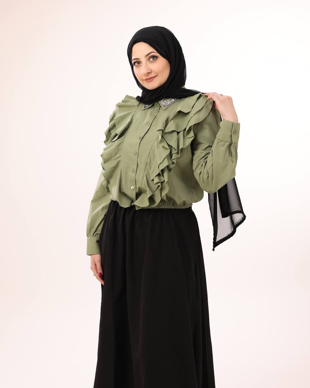 Olive Cascade Ruffle Shirt