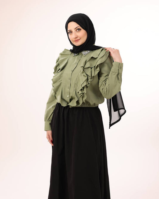 Olive Cascade Ruffle Shirt